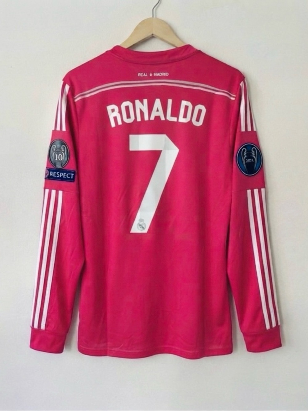 Ronaldo #7 Real Madrid UCL 2014/15  Away Pink  Jersey Long Sleeve Size Medium